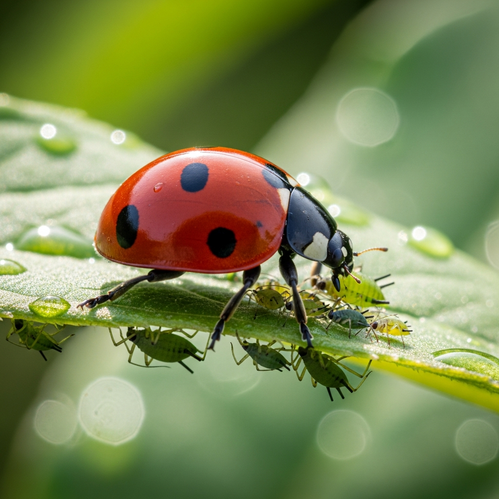 Coccinelle sur une feuille verte mangeant des pucerons